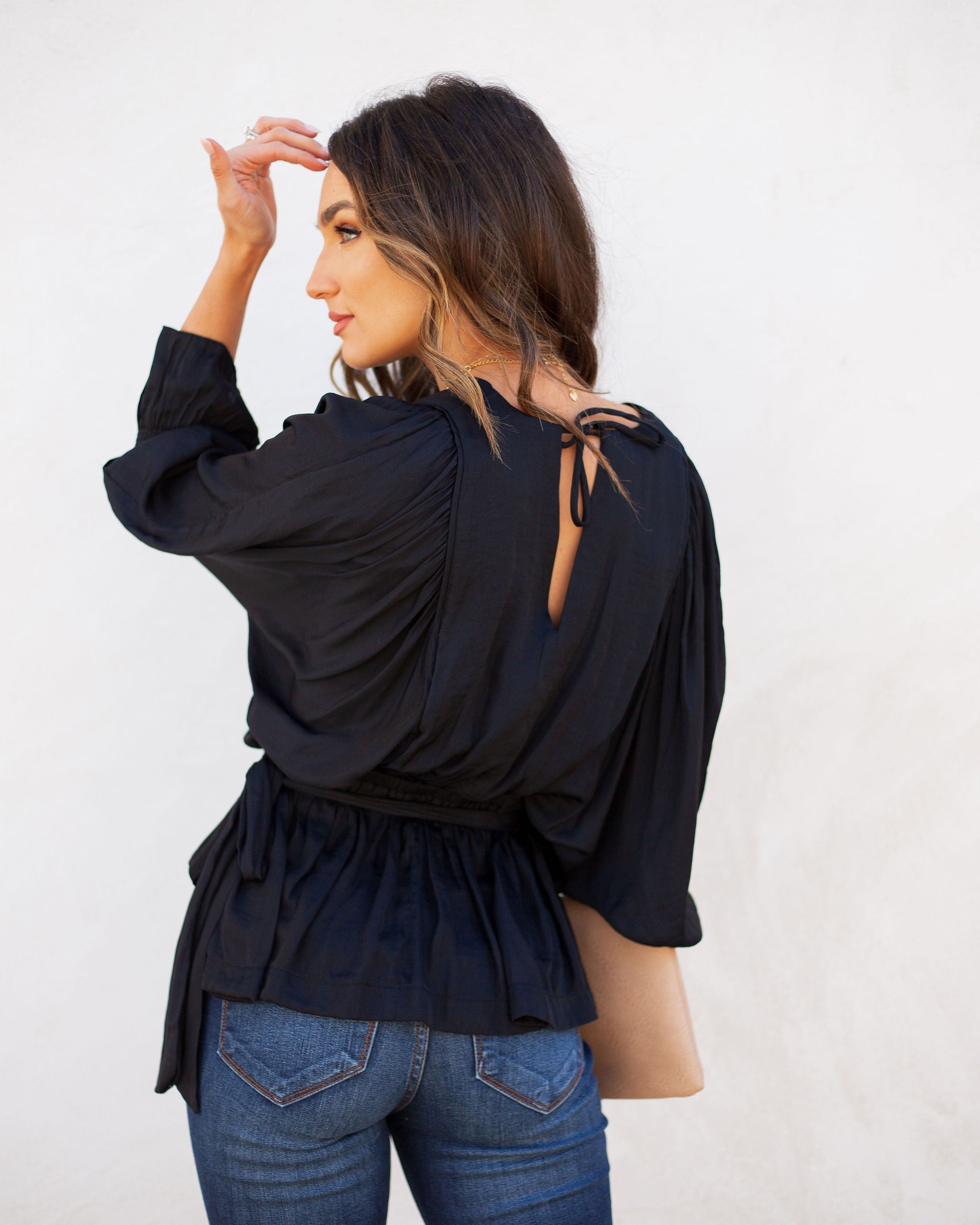 Manners Statement Sleeve Drape Blouse - Washed Black Ins Street