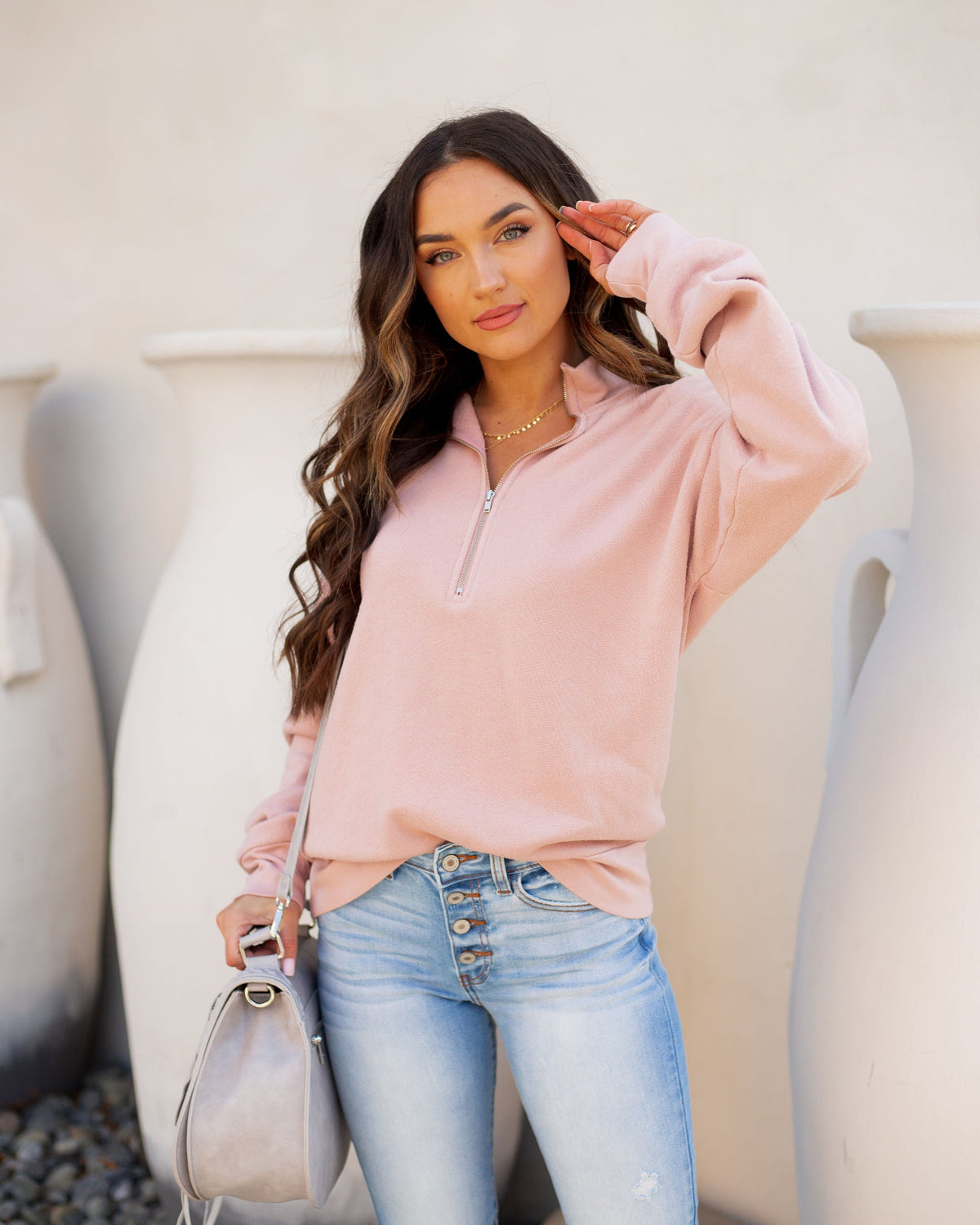 Nixie Cotton + Modal Half Zip Pullover - Light Clay Ins Street