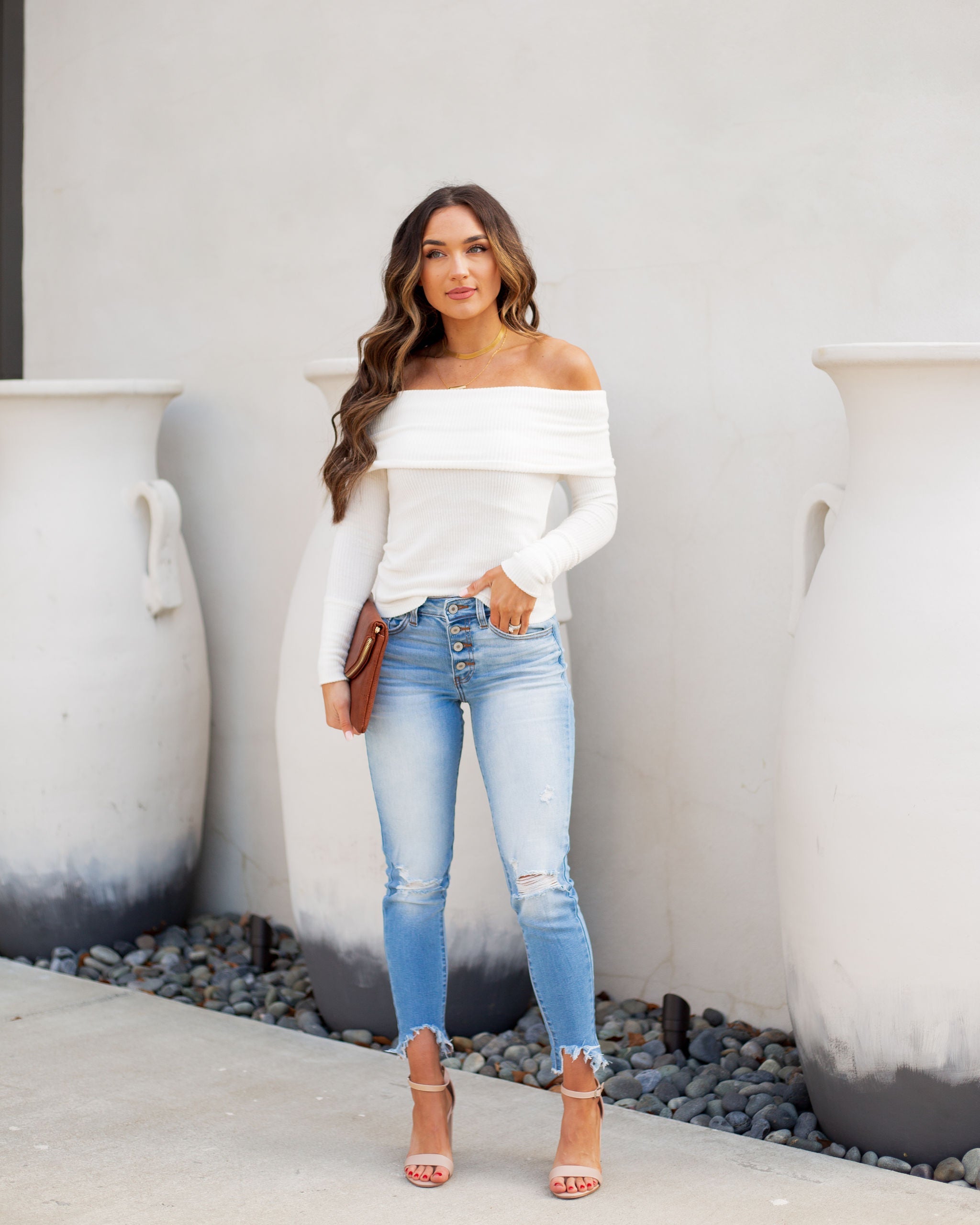 Flute Off The Shoulder Knit Top - Off White Ins Street