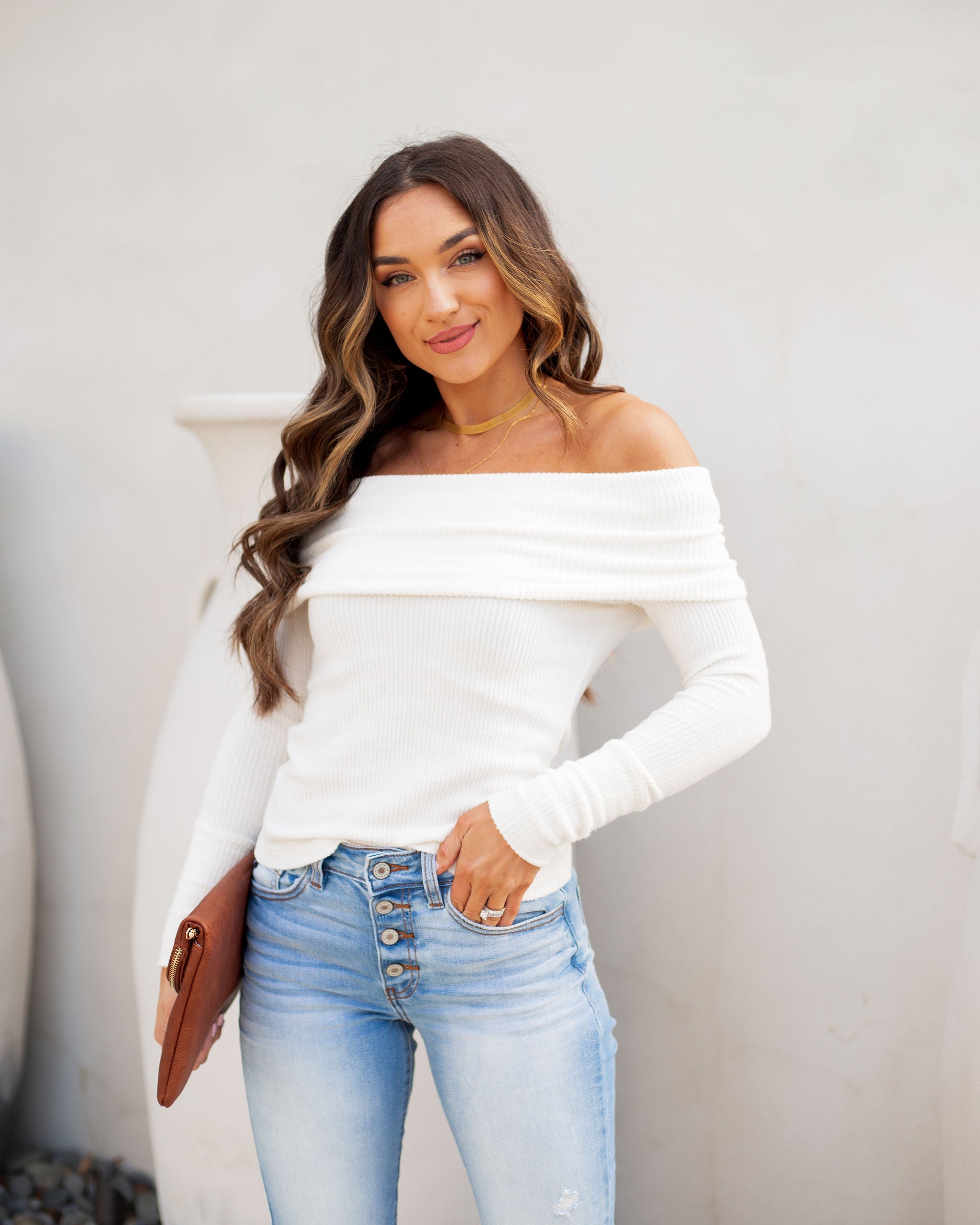 Flute Off The Shoulder Knit Top - Off White Ins Street