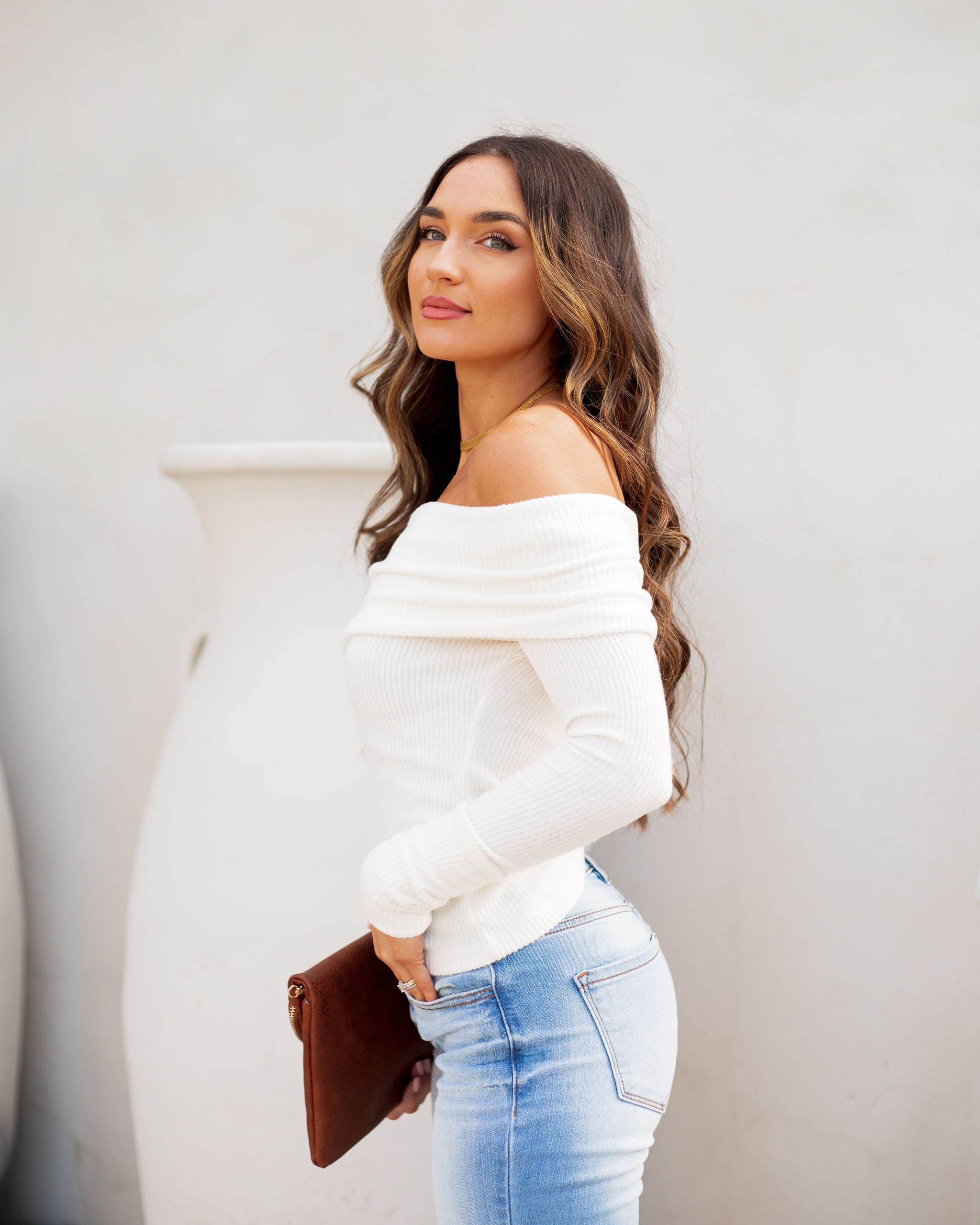 Flute Off The Shoulder Knit Top - Off White Ins Street