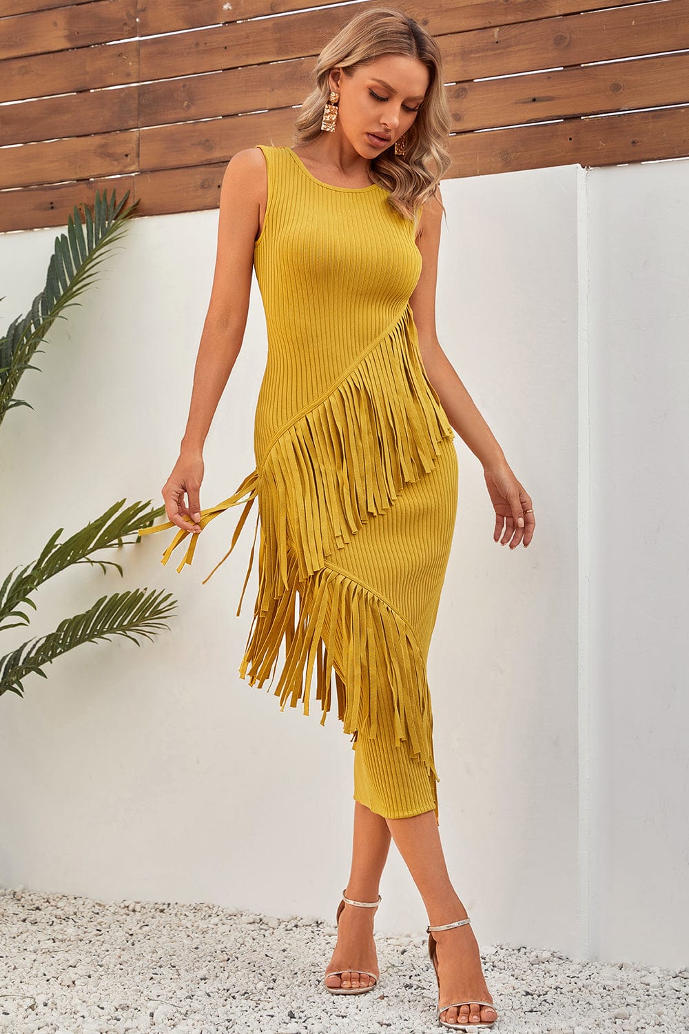 Marie Yellow Fringe Midi Bandage Dress Ins Street