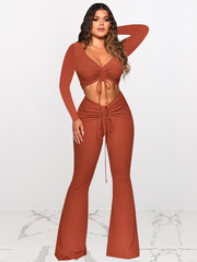 Solid colour pleated V-neck micro trousers two piece set 2023-03-14 InsStreet