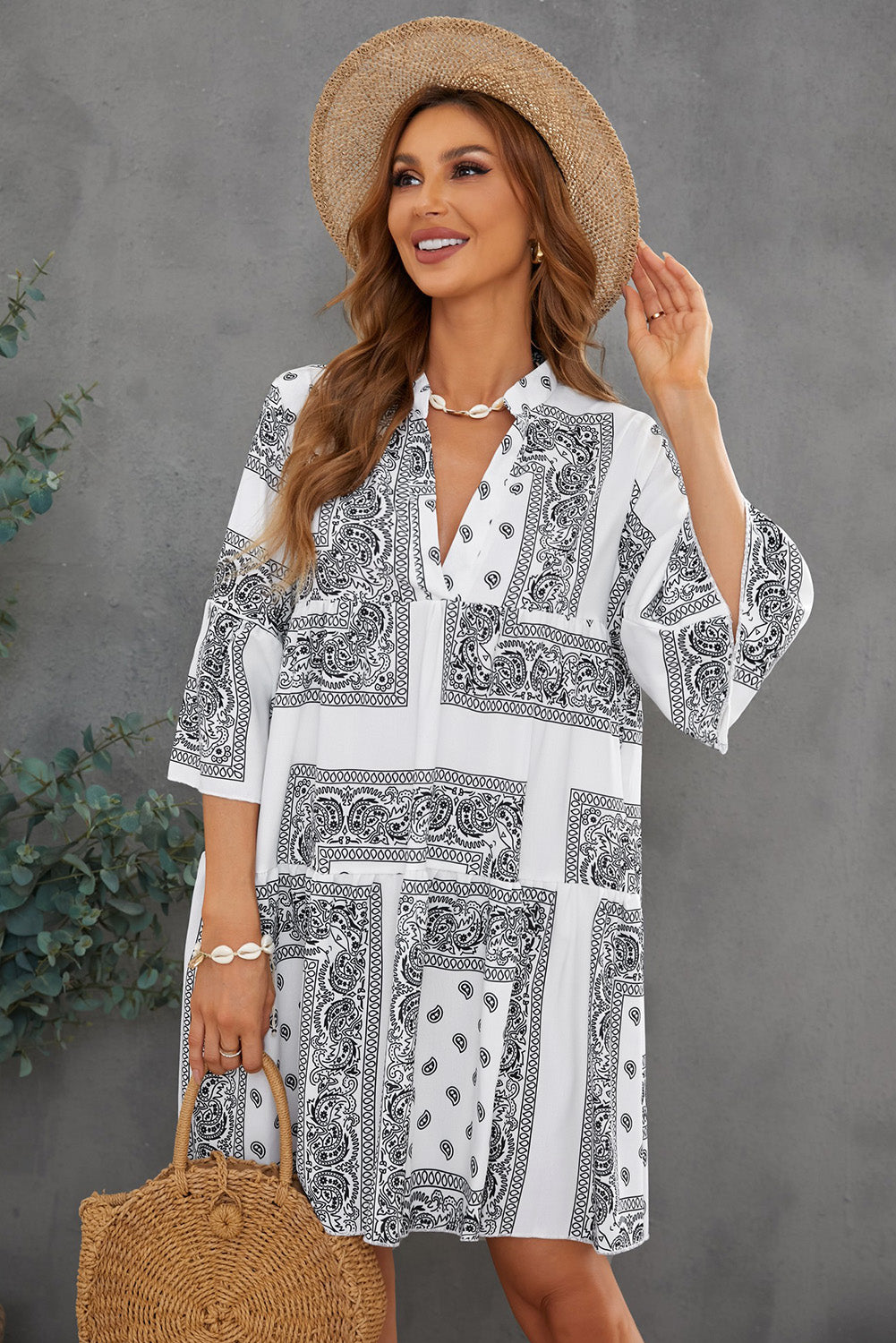 Paisley Three-Quarter Sleeve Mini Dress Ins Street