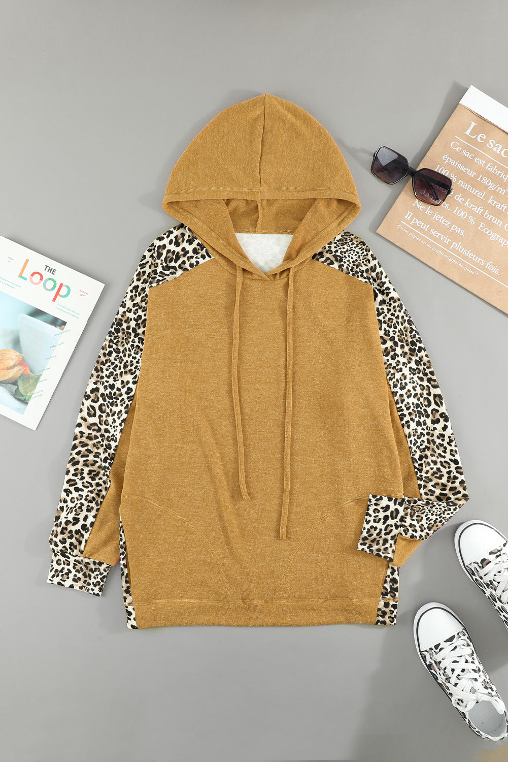 Leopard Print Sleeve Drawstring Hoodie Ins Street