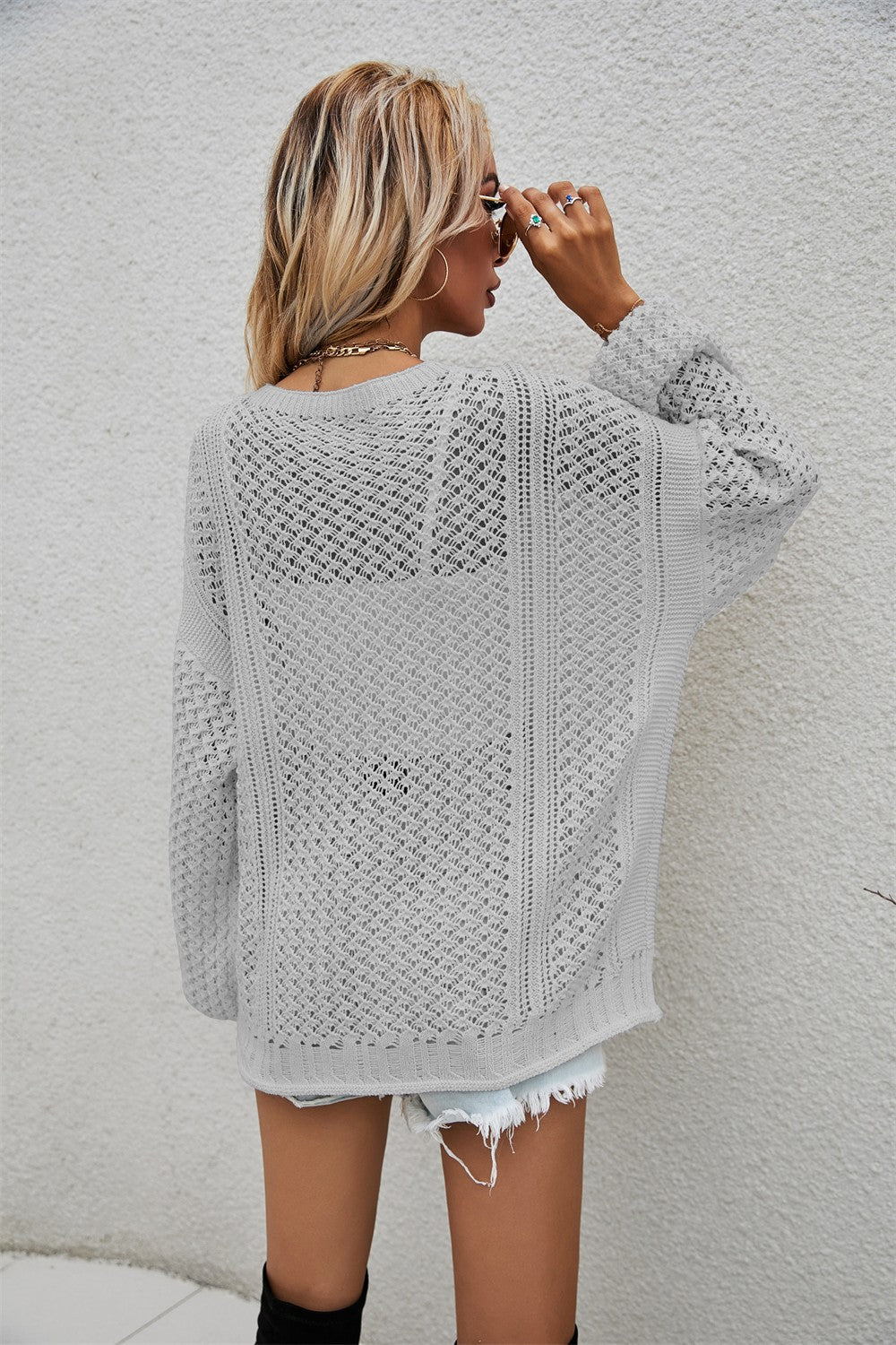 Openwork V-Neck Dropped Shoulder Cardigan Ins Street