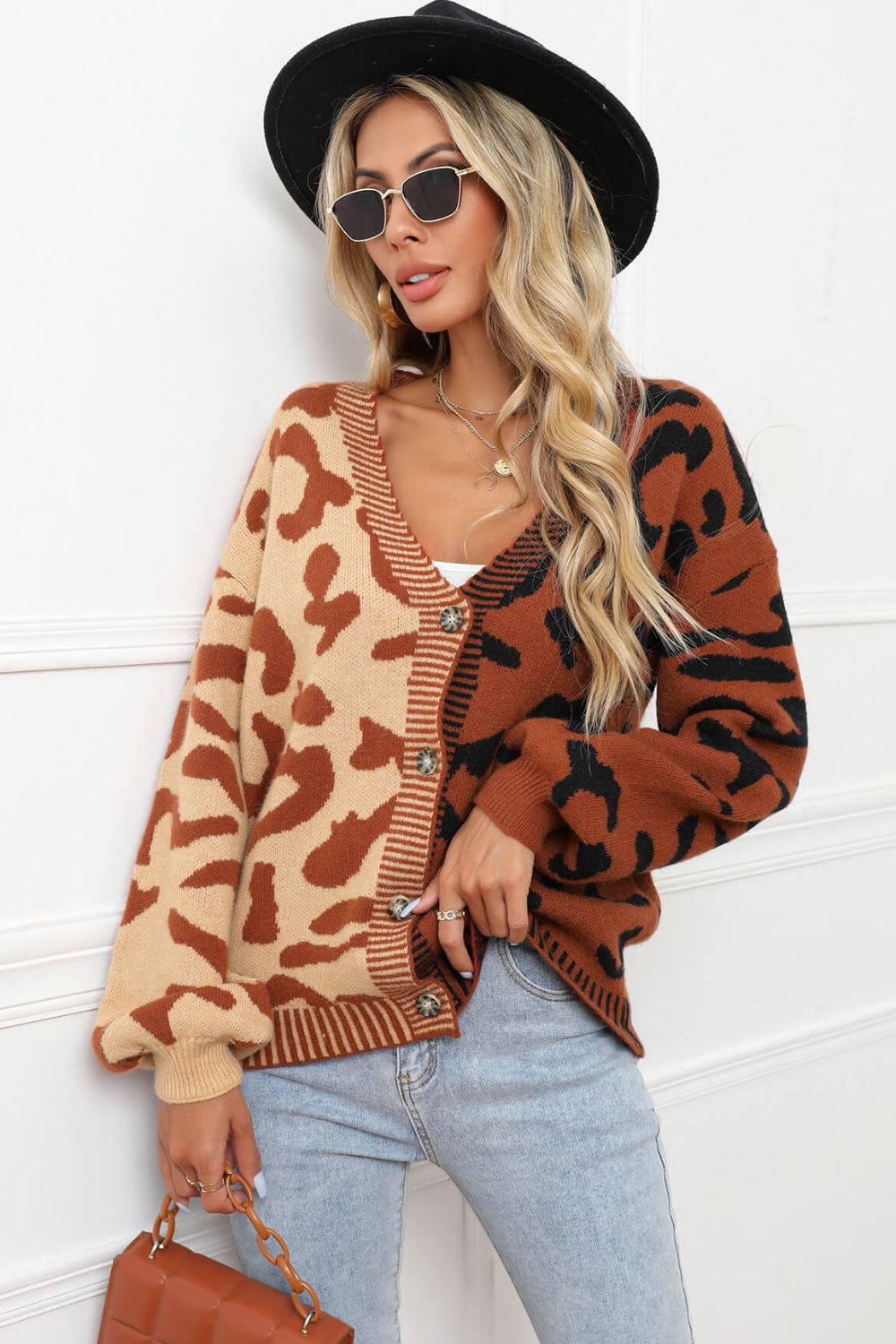 Leopard Button Front Ribbed Trim Cardigan Ins Street