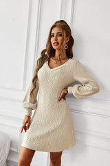 Lantern Sleeve V-Neck Textured Knit Dress Ins Street