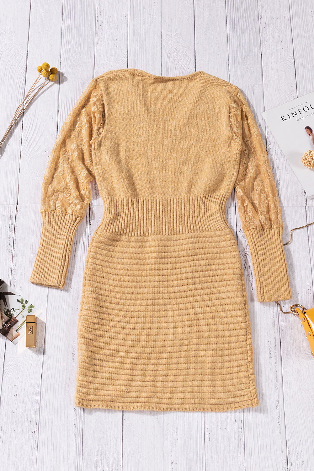 Lace Sleeve V-Neck Knit Dress Ins Street