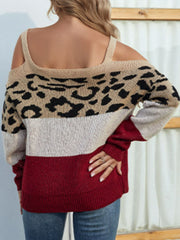 Leopard Print Color Block Square Neck Sweater Ins Street