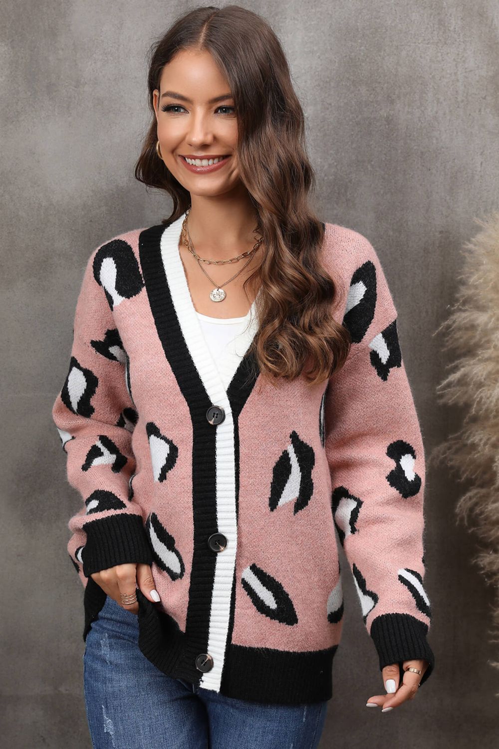 Leopard Ribbed Trim Drop Shoulder Cardigan Ins Street