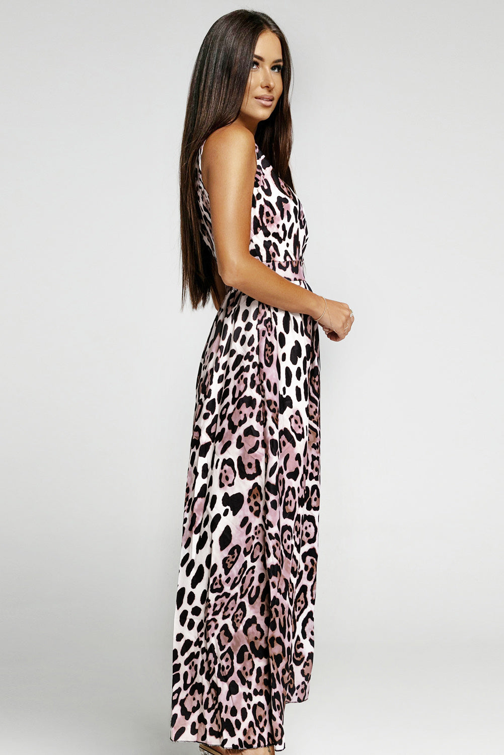 Leopard Print Open Back Split Sleeveless Dress Ins Street