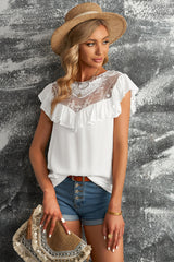 Lace Yoke Ruffled Short Sleeve T-Shirt Ins Street