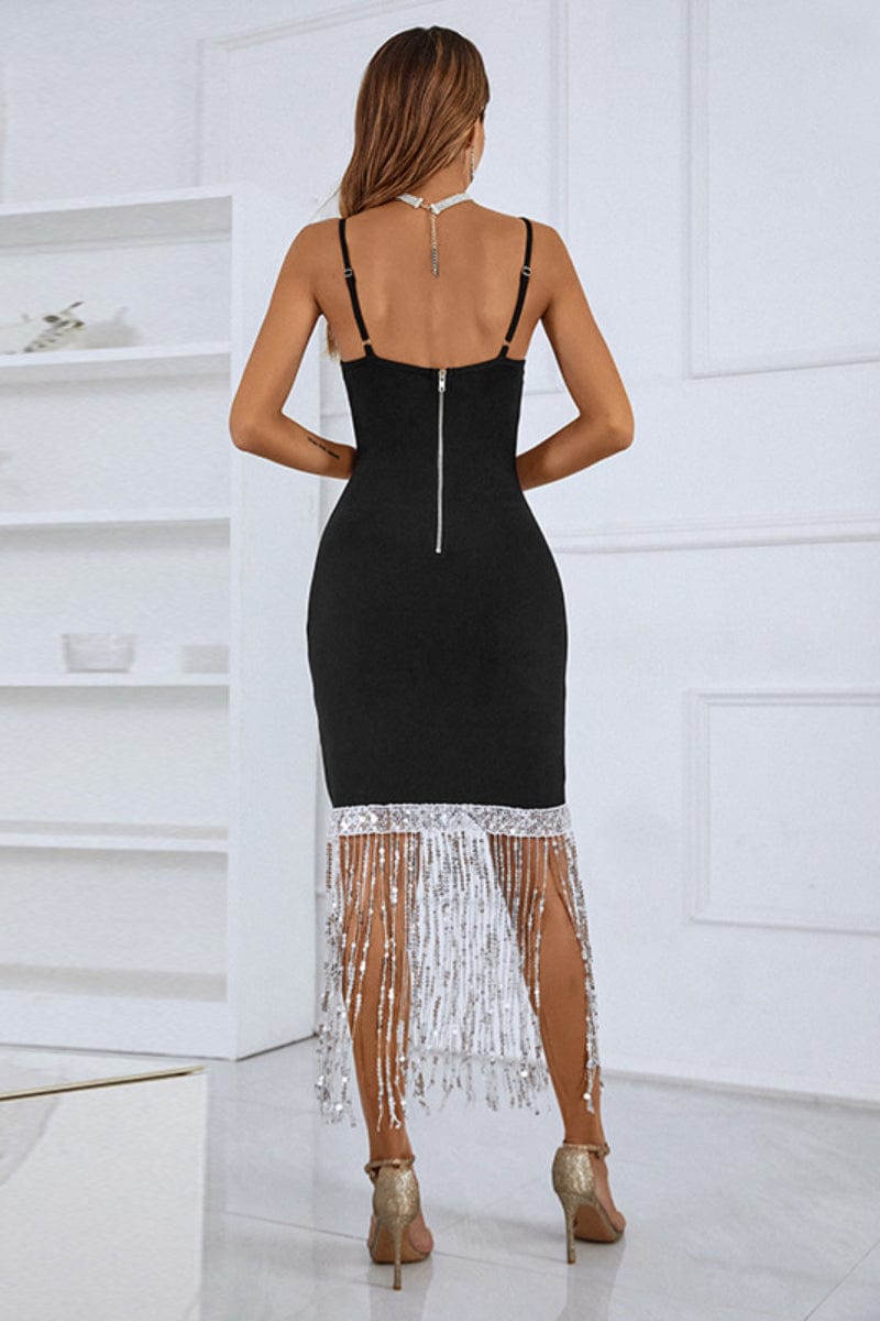 Hara Crystal Fringe-Embellished Midi Bandage Dress Ins Street