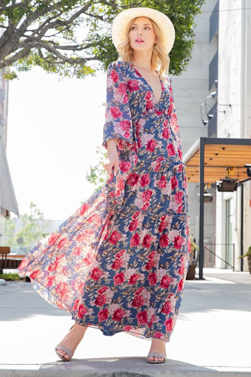 ee:some Floral Frill Trill Deep V Maxi Dress Ins Street