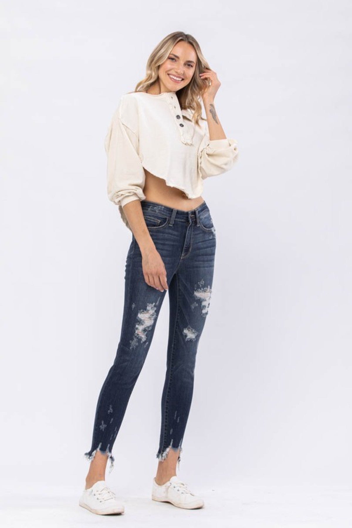 Mid-Rise Destroyed Hem Shark Bite Skinny Jeans Ins Street