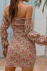 Floral Off-Shoulder Shirred Back Bodycon Dress Ins street