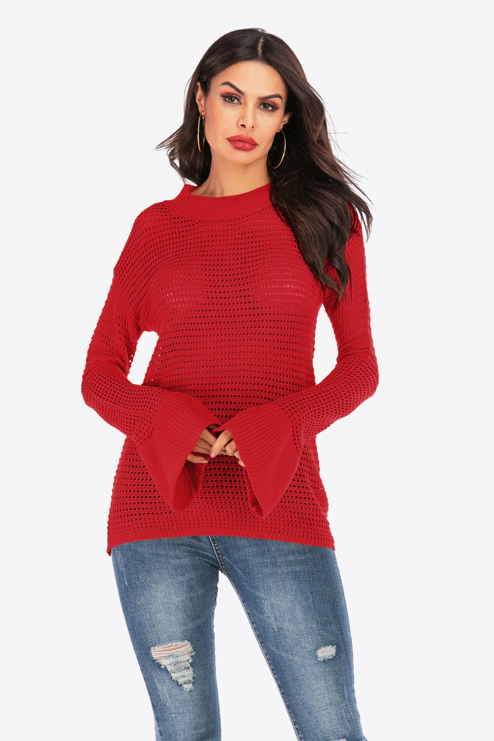 Openwork Flare Sleeve Round Neck Sweater Ins Street