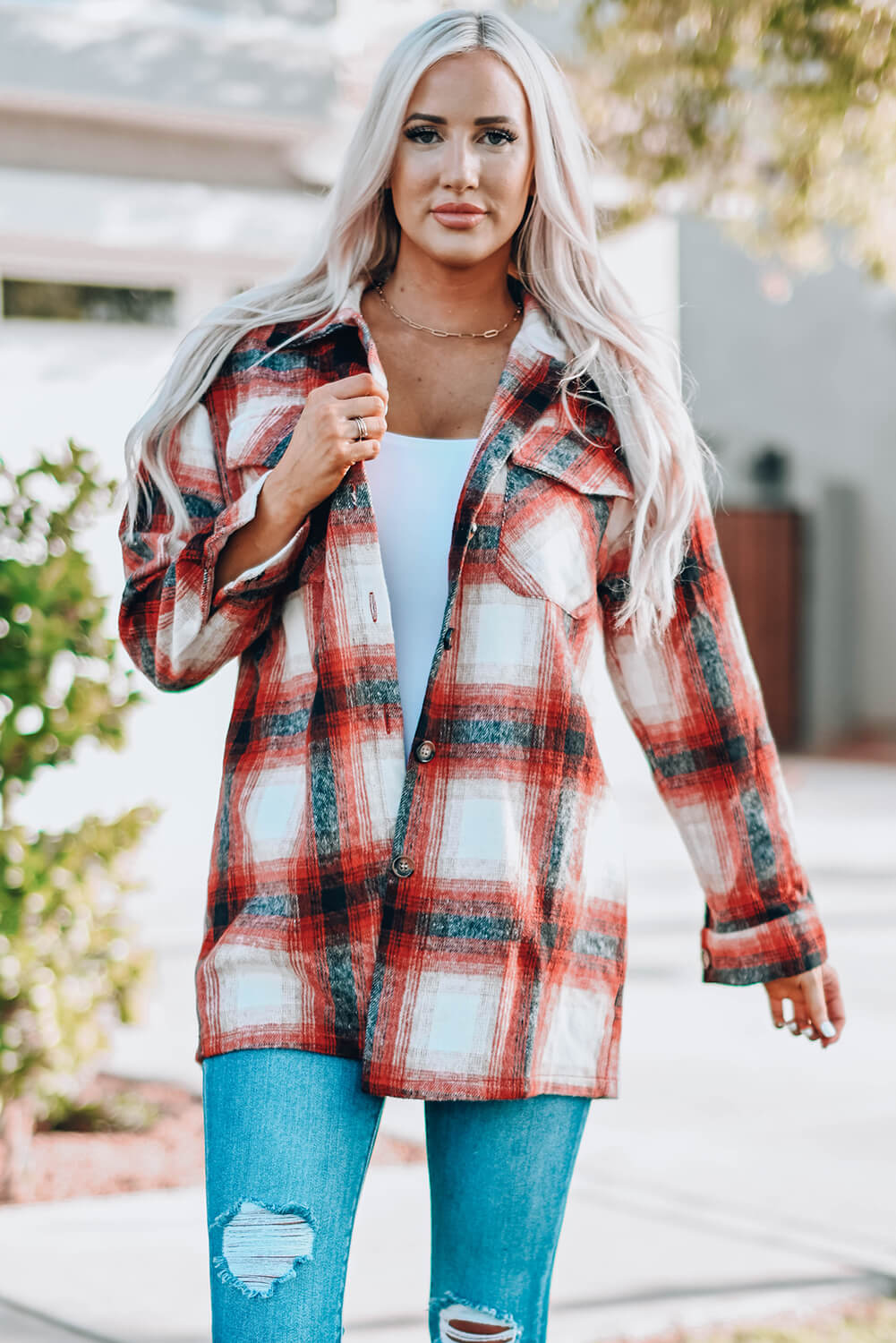 Plaid Button Up Shirt Jacket with Pockets Ins Street