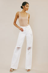 Kancan High-Rise Distressed Flare Jeans in White Ins Street