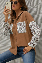 Leopard Splicing Button Front Corduroy Blouse Ins Street