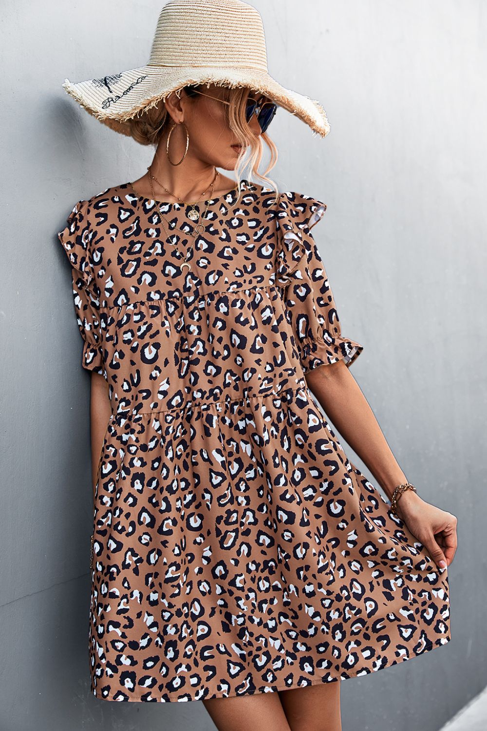 Leopard Print Ruffle Shoulder Mini Dress Ins Street