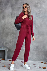 Drawstring Waist Round Neck Long Sleeve Jumpsuit Ins Street