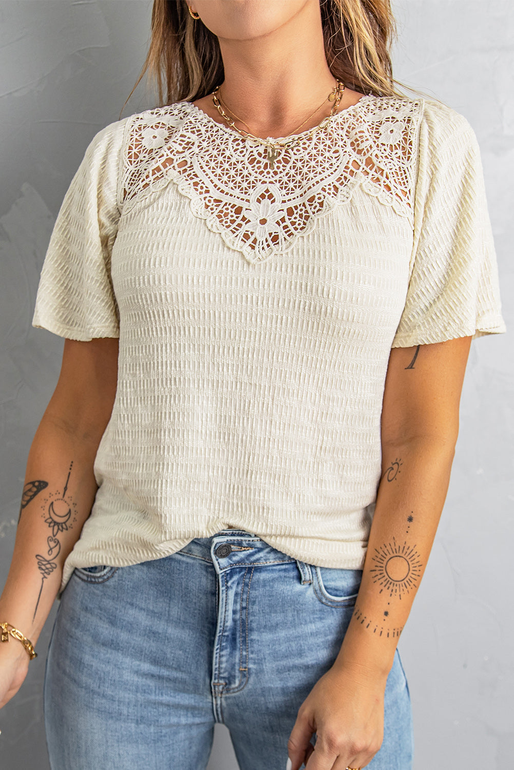 Lace Yoke Flutter Sleeve Textured Top Ins Street