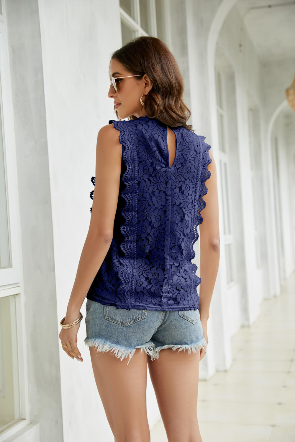 Lace Scalloped Keyhole V-Neck Tank Ins Street