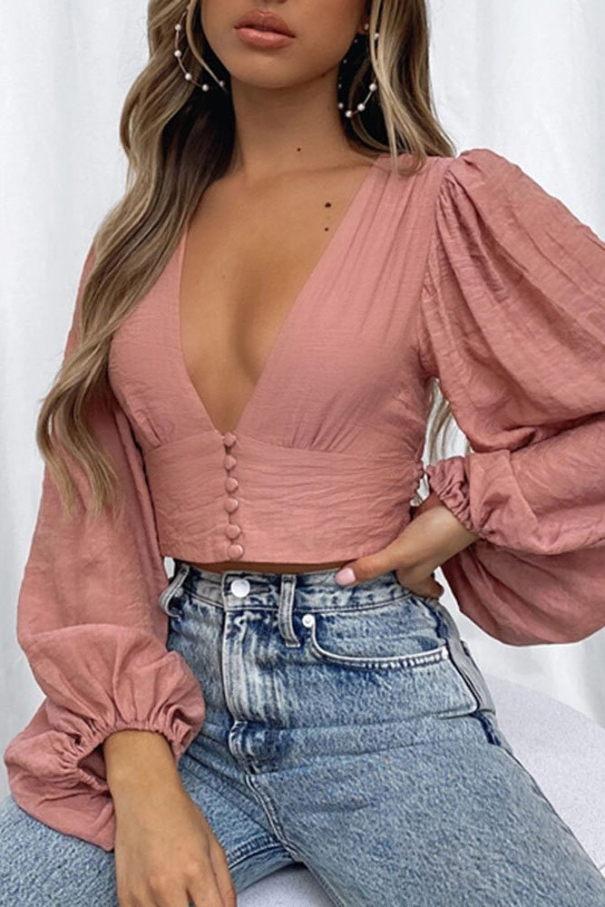 Plunging Lantern Sleeve Crop Top Ins street