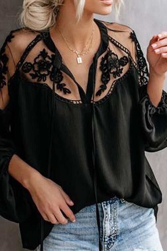V-Neck Lace Crochet Embroidery Patchwork Blouse Ins street