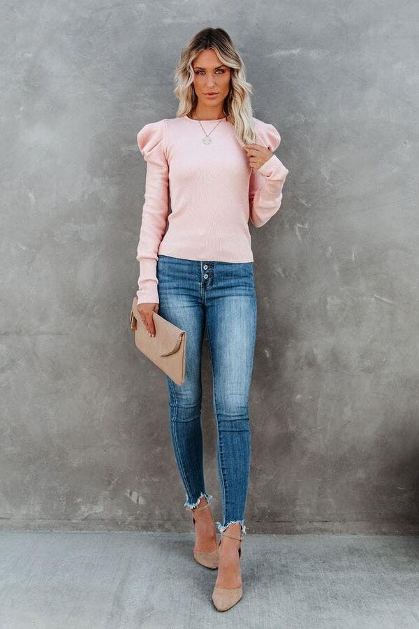 Pink Fall Retro Ruched Puff Sleeve Knitted T-Shirt Ins street