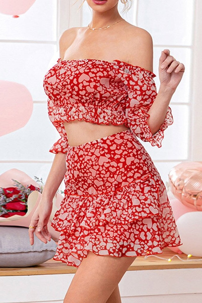 Heart Print Off-Shoulder Top & Skirt Coord Two-Piece Set Ins street