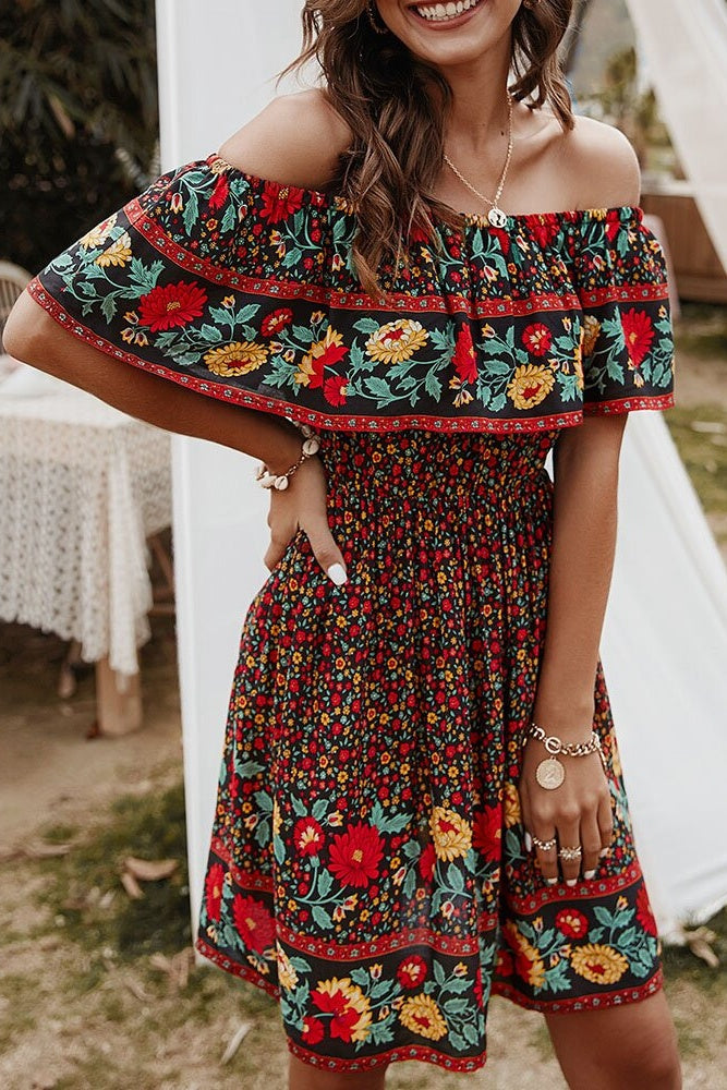 Floral Off-Shoulder Frill Mini Dress Ins street