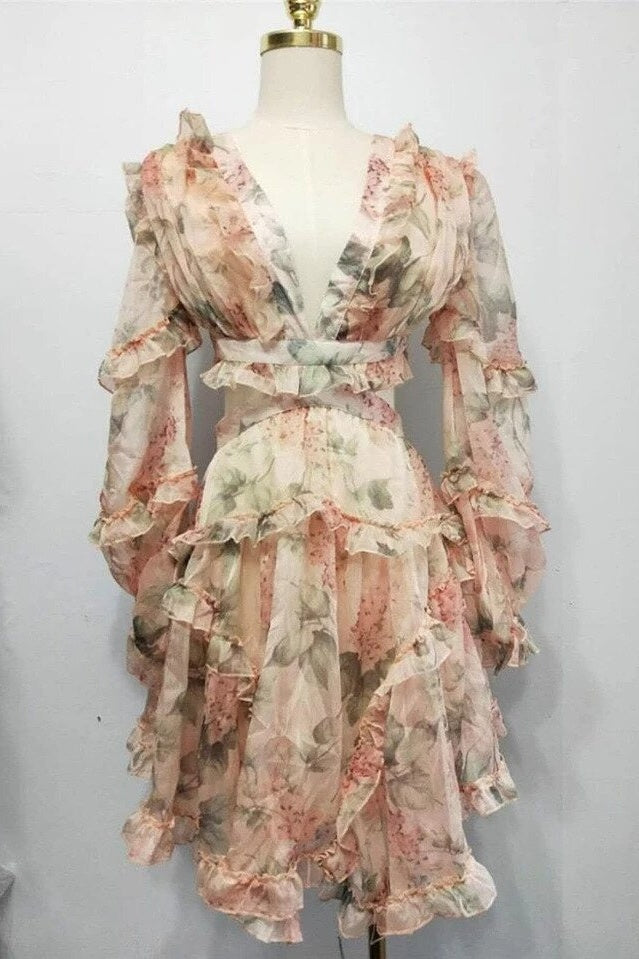 Floral Long Sleeve Ruffle Lace-Up Back Mini Dress Ins street