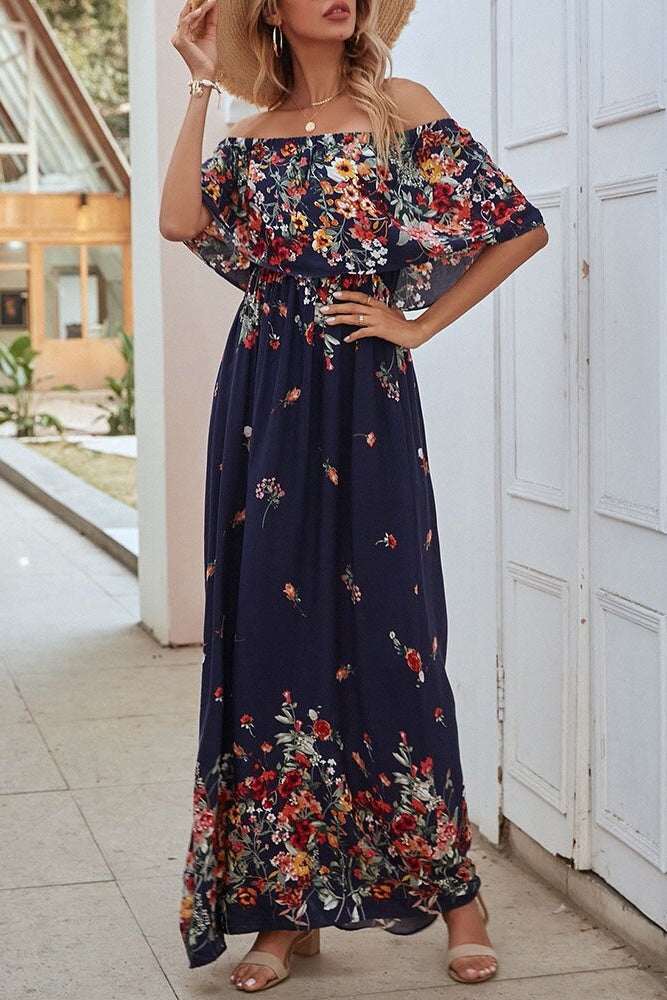 Half Sleeve Patchwork Off Shoulder Floor-Length Spring Women's Dress Ins street