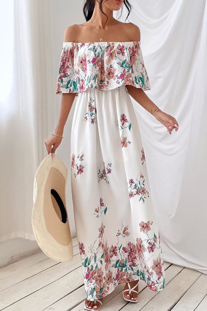 Floral Off-shoulder White Dress Ins street