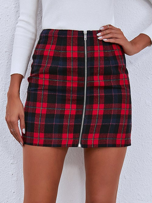 Zipper Plaid Mini Bodycon Skirt Ins street