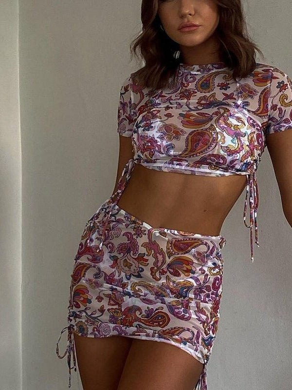 Three-piece set of printed mesh see-through round neck short skirt 2023-03-14 InsStreet