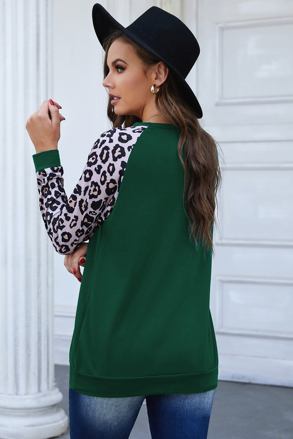 Leopard Raglan Sleeve Round Neck Top Ins Street