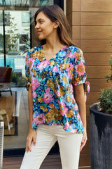 Petal Dew Full Size Floral V-Neck Tie Detail Blouse Ins Street