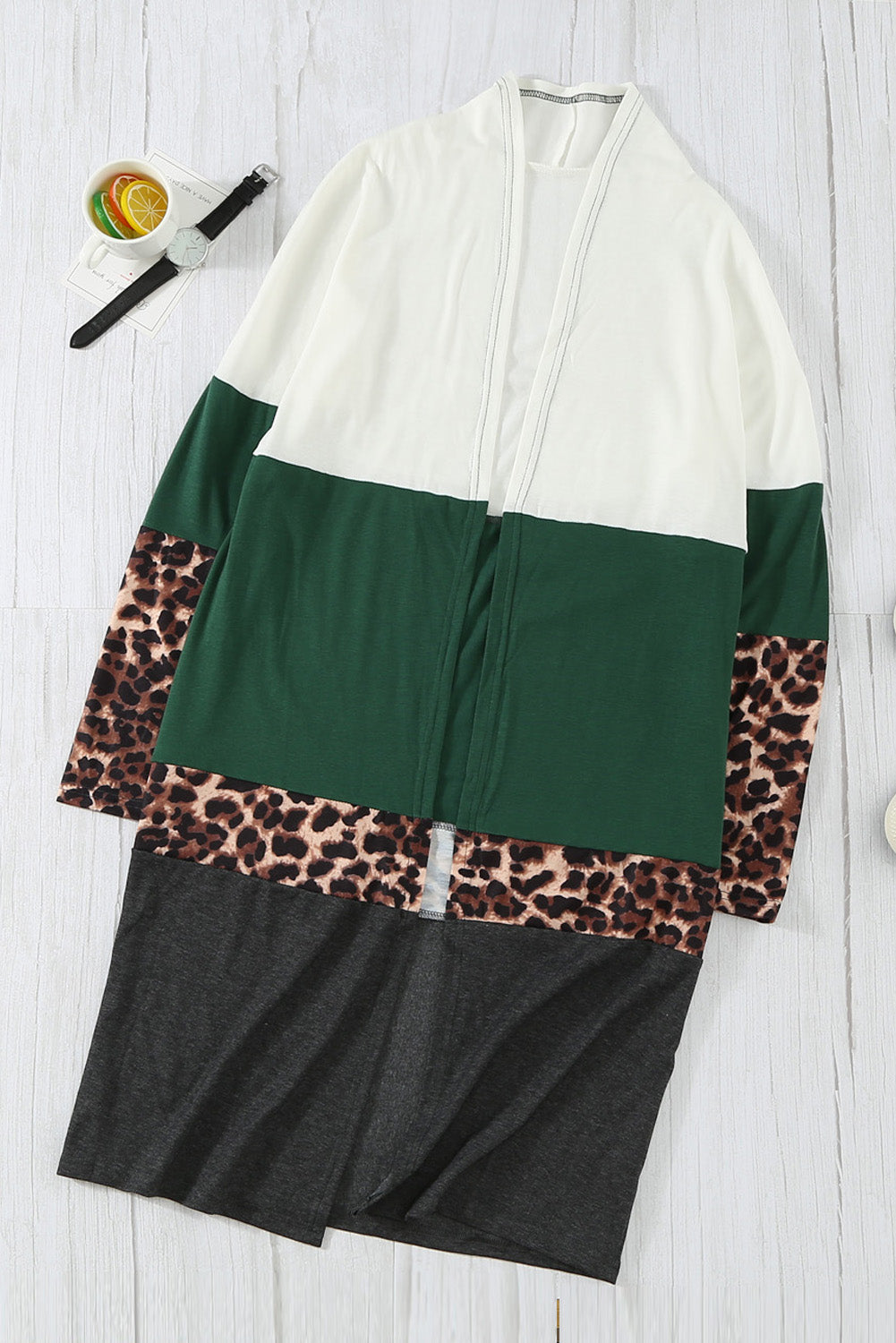 Leopard Color Block Open Front Longline Cardigan Ins Street