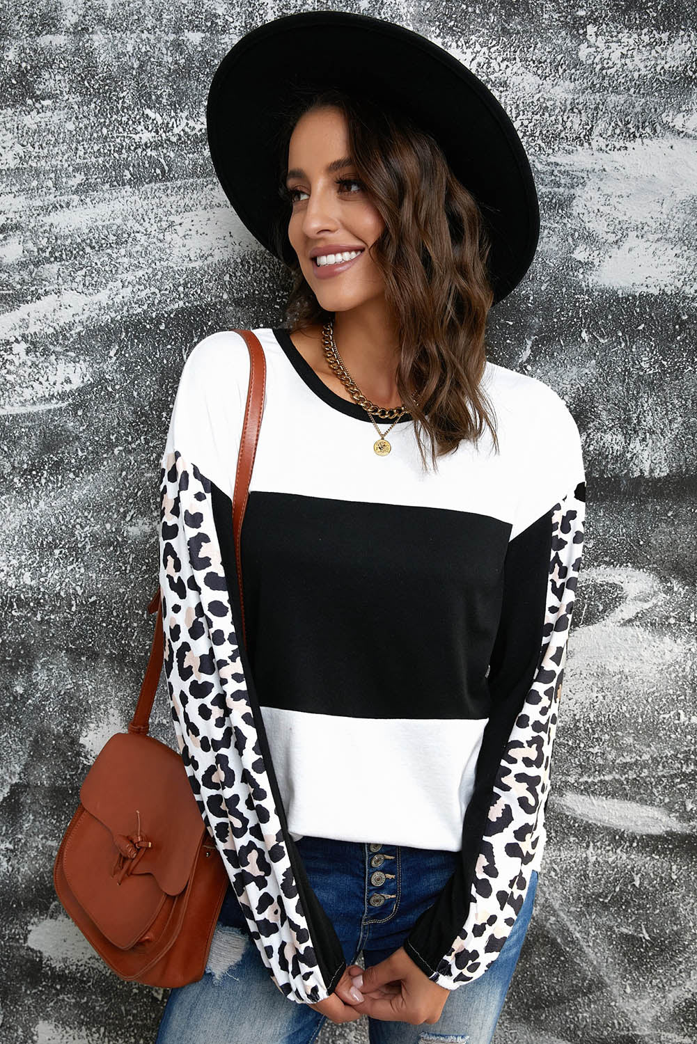 Leopard Print Color Block Long Sleeve Tee Ins Street