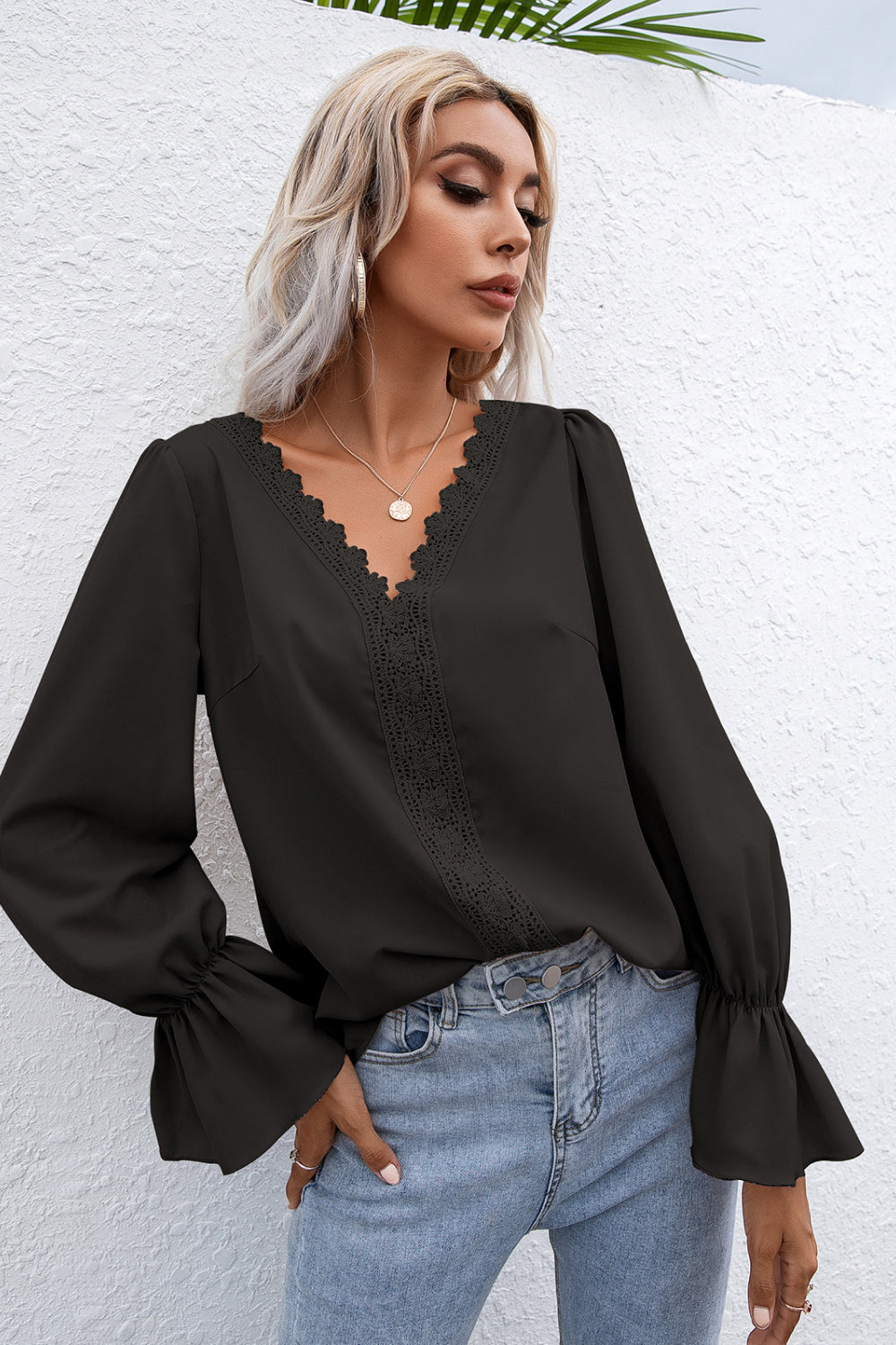Lace Trim Flounce Sleeve Blouse Ins Street