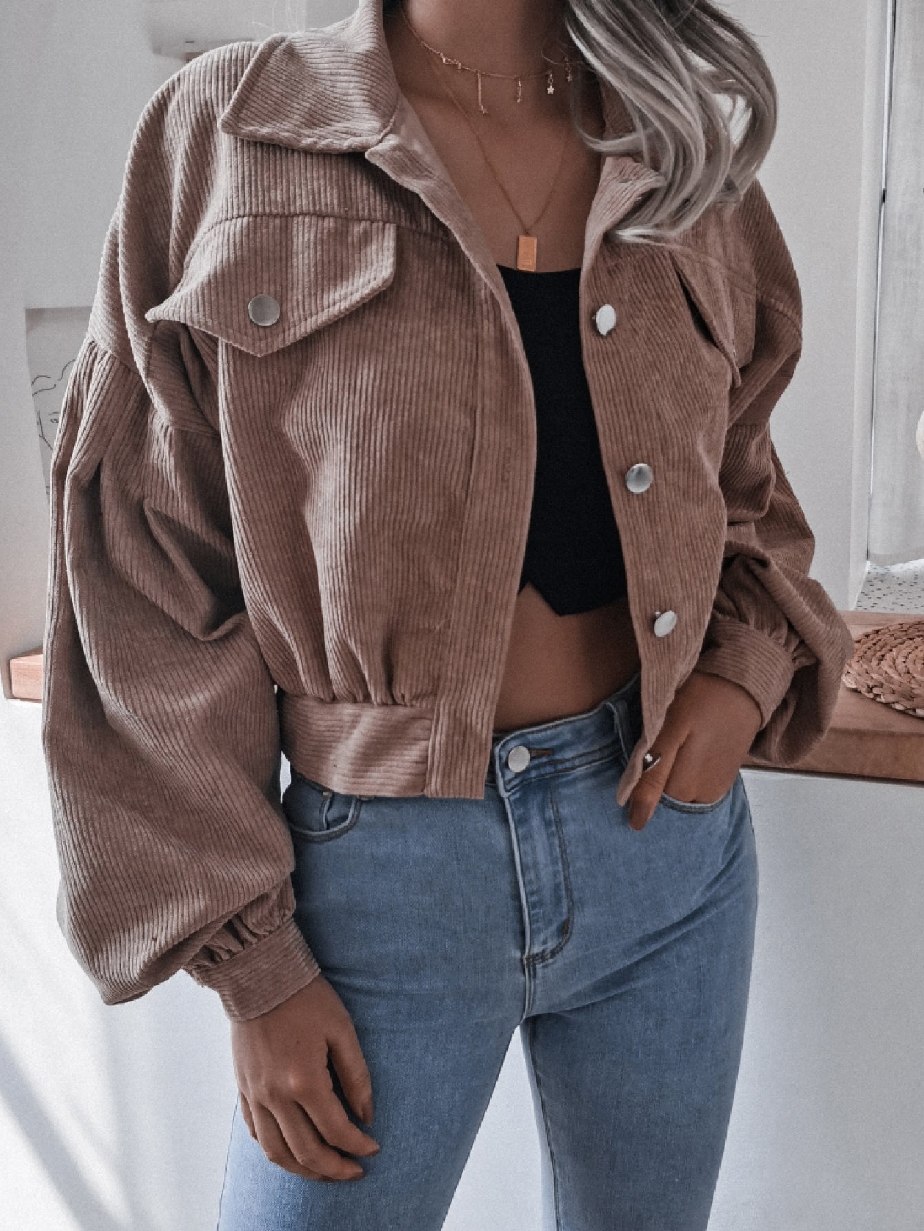 Lantern Sleeve Cropped Corduroy Jacket Ins Street