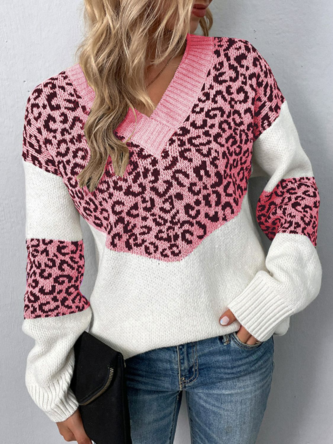 Leopard Color Block V-Neck Ribbed Trim Sweater Ins Street