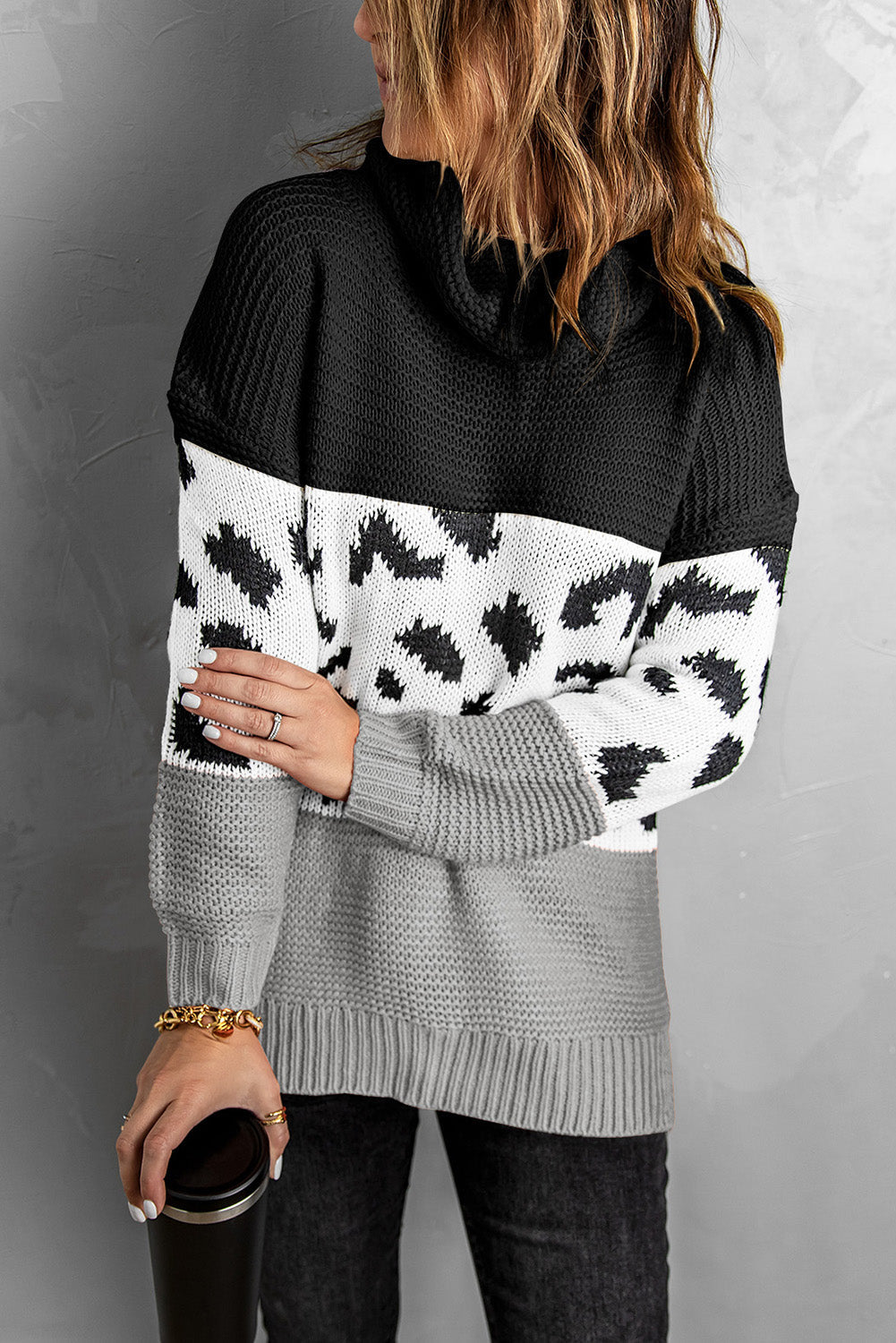 Patterned Color Block Turtleneck Sweater Ins Street