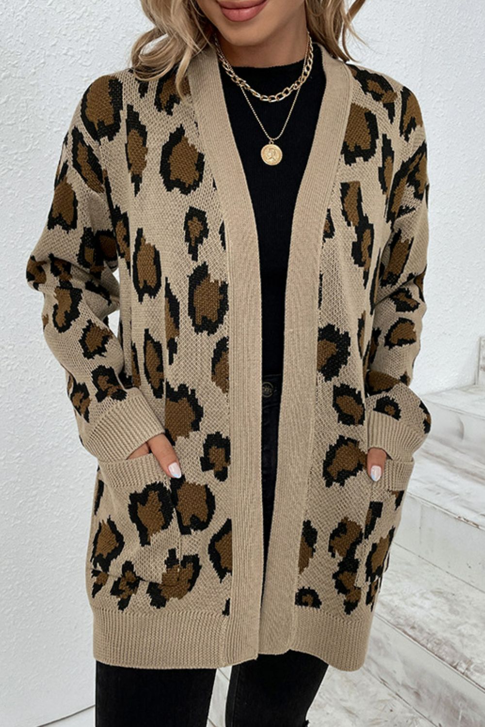 Leopard Print Ribbed Trim Dropped Shoulder Longline Cardigan Ins Street