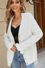 Openwork Flounce Sleeve Button-Up Fuzzy Cardigan Ins Street