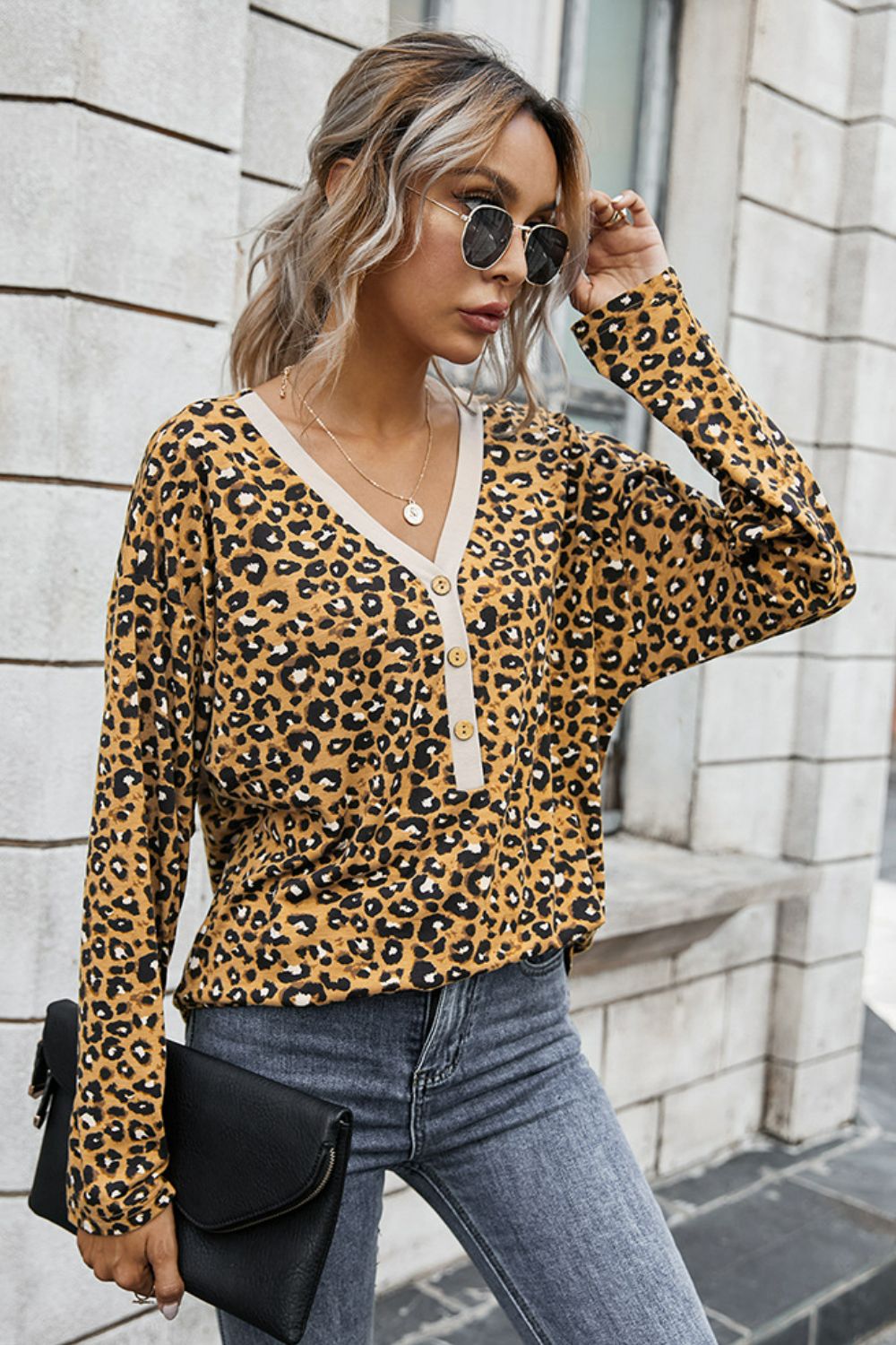Leopard Buttoned Contrast Trim Top Ins Street